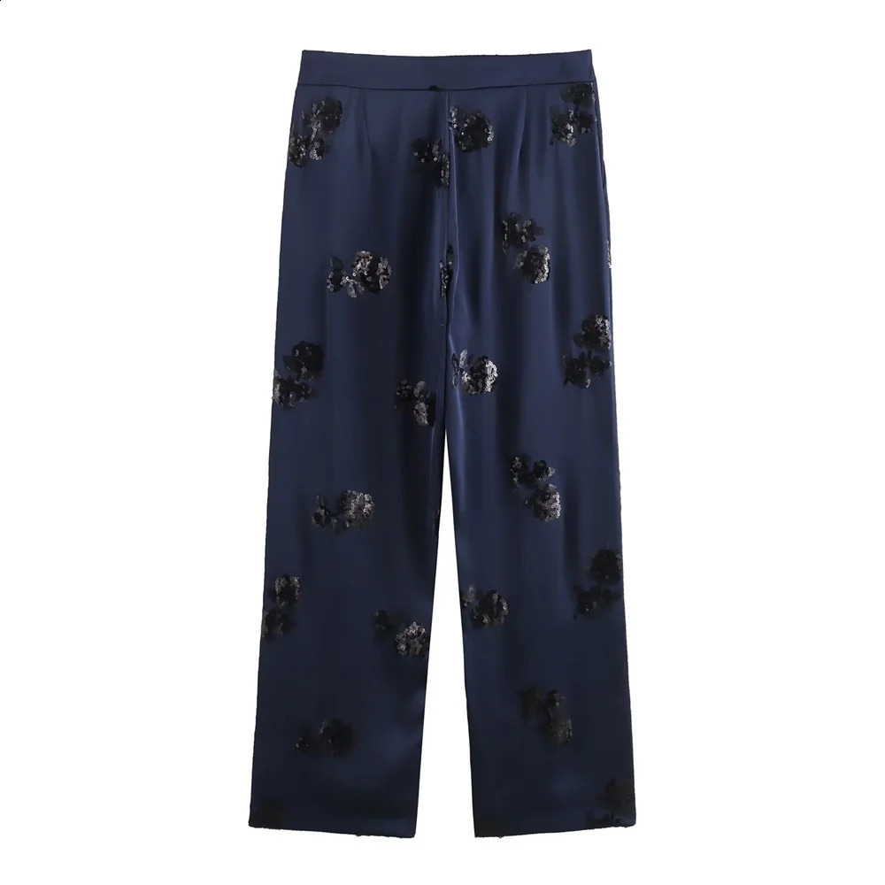 UNIZERA2024 Summer Womens Fashion Sequin Lace up Decoration Satin Kimono Coat Beaded Silk Texture Pants Set 250114Z