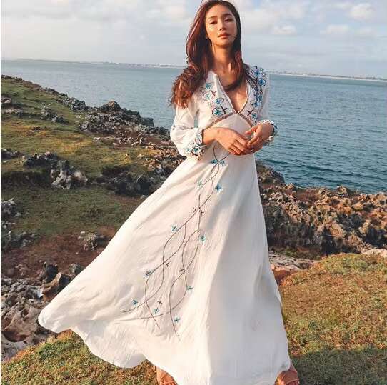 New Cotton Maxi Long Sleeve V Collar Boho Vacation Ral Embroidery Elegant Holiday White Dress Mujer