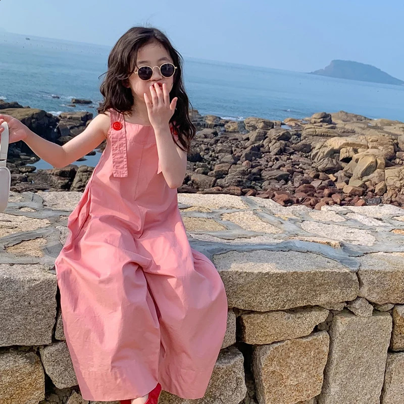 Summer Girl Overalls for Kids Pink Loose Casual Wide Leg Jeans Teenage Girls Jumpsuit Fashion Allmatch Children Trousers 38Y 250117