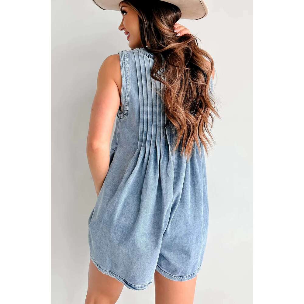 Summer New Female Rompers Sleeveless Denim Playsuits Boho Style One-Piece Vacation Bodysuits Oversized Flared Shorts