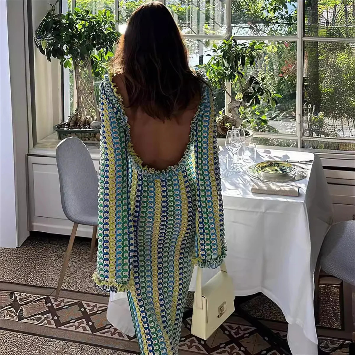 Fashion Backless Womens Dress Lace Contrast Color Long Sleeves Slim Stripe Maxi Dresses 2024 Summer Beach Holidays Clothing 250113