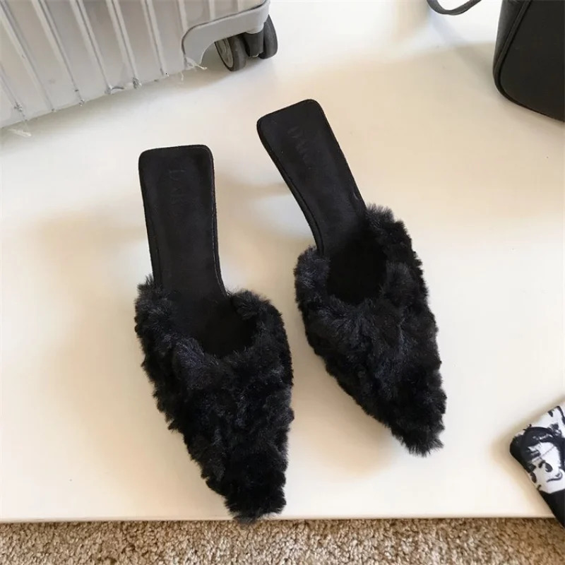 Women High Heels Shoes Suede Slippers Trend Spring Fashion Party Sexy Pumps Casual Ladies Stilettos Sandals Fur Mujer 250113