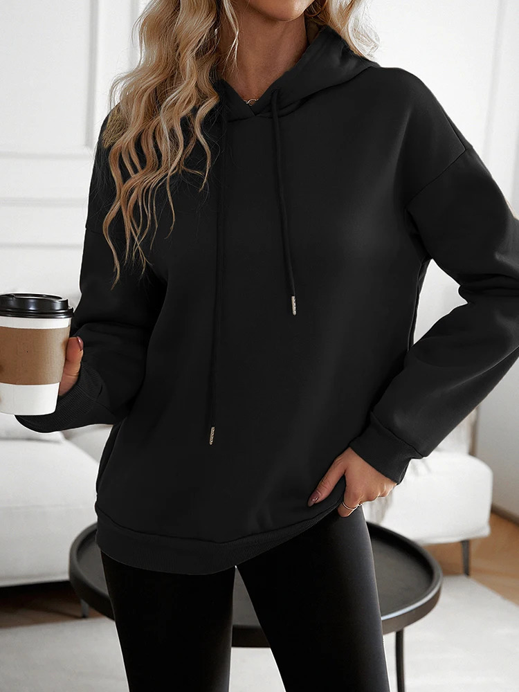 Women Casual Black Loose Hoodies Autumn Winter Long Sleeve Hooded Sweatshirt Thick Simple Tops Lazy Style Pullover 2024 Sale 250121