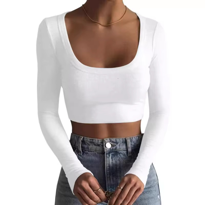 O Neck Long Sleeve Shirt Women Ribbed Sexy Cropped Tops 2024 Spring Black Casual Skinny Slim Basic Woman T Shirts White
