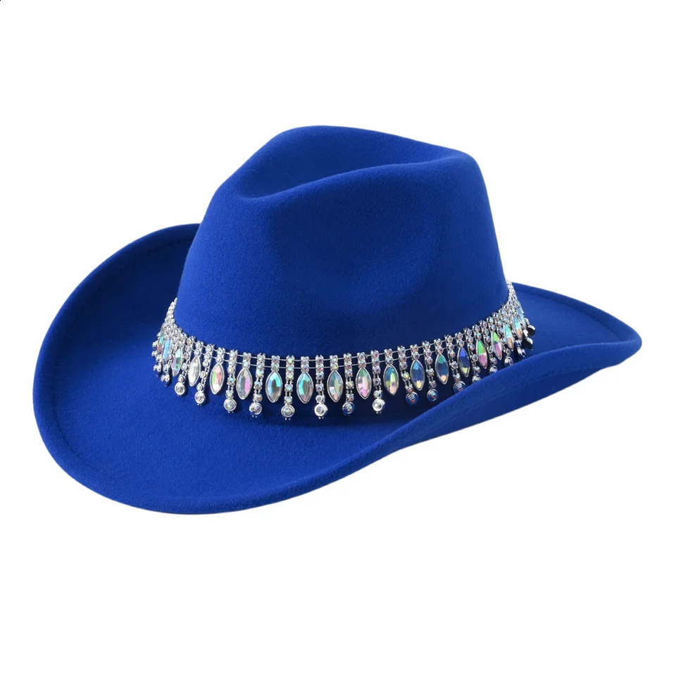1Fashion Rhinestone Tassel colored gemstone necklace western cowboy hat Broad Brim Sun Protection Hat gentleman style jazz 250118