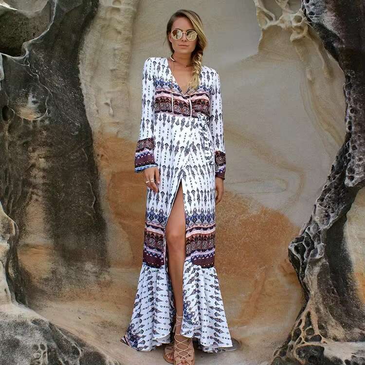 Bohemian Printing Beach Sleeve Hippie Chic Long Maxi Holiday Dress Oversized Bandage Dresses Vacation Vestidos