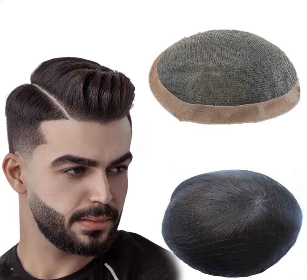 Toupee for Men Fine Mono Men Toupee Human Hair Replacement System Hair Prosthesis Natural Black Hair Units 260831