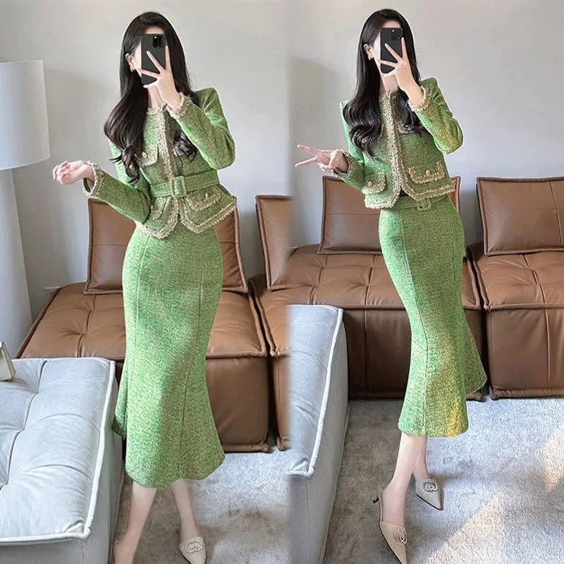 Autumn Style Mouth Cute Decorative Long Sleeved Knitted Jacket Blazer Lim Fit Skirt Elegant Womens Skirt Set Office Outfits 250122