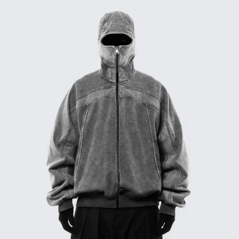 Y2K couple style spliced zip up hoodie fashionable classic Balaclava washed cotton grey ninja retro men hiphop streetwear 250109Z