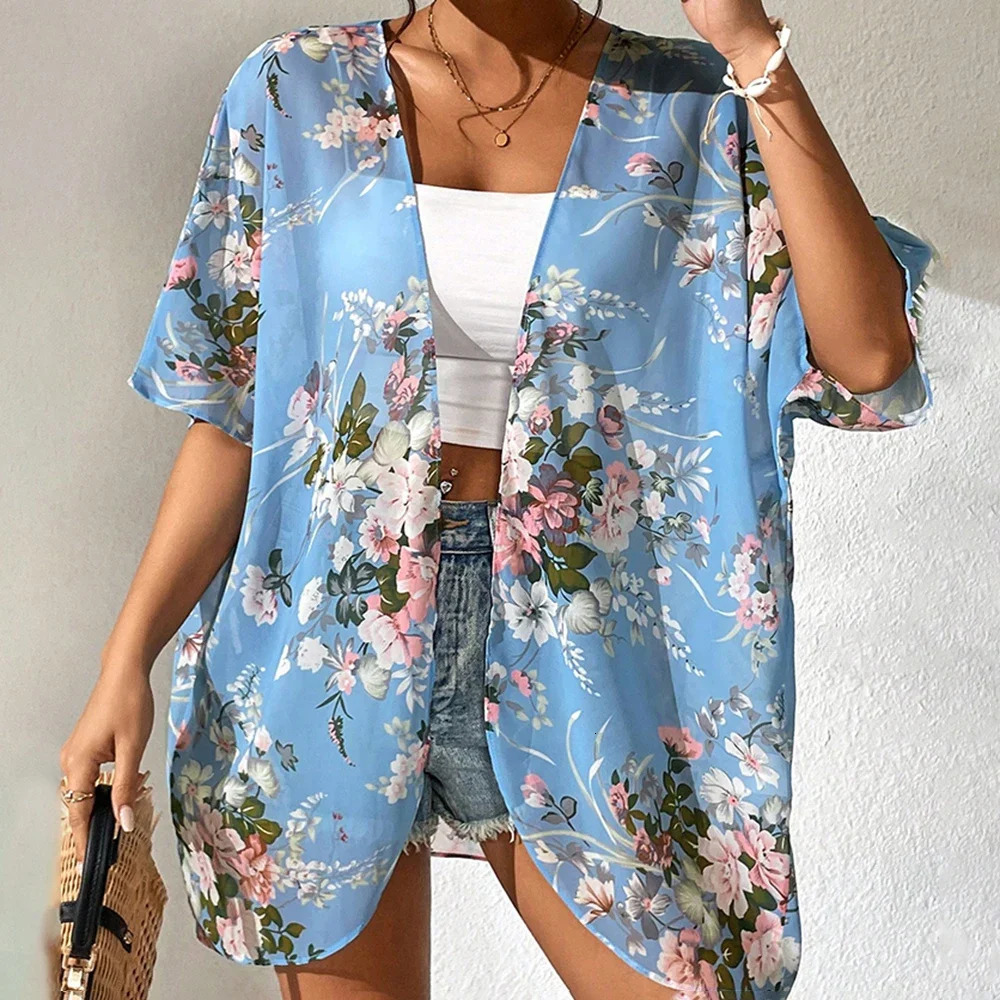 2024 Beach Wear covered womens social shirt fashion top 3D printed batwing sleeve chiffon kimono swimsuit for women 250120