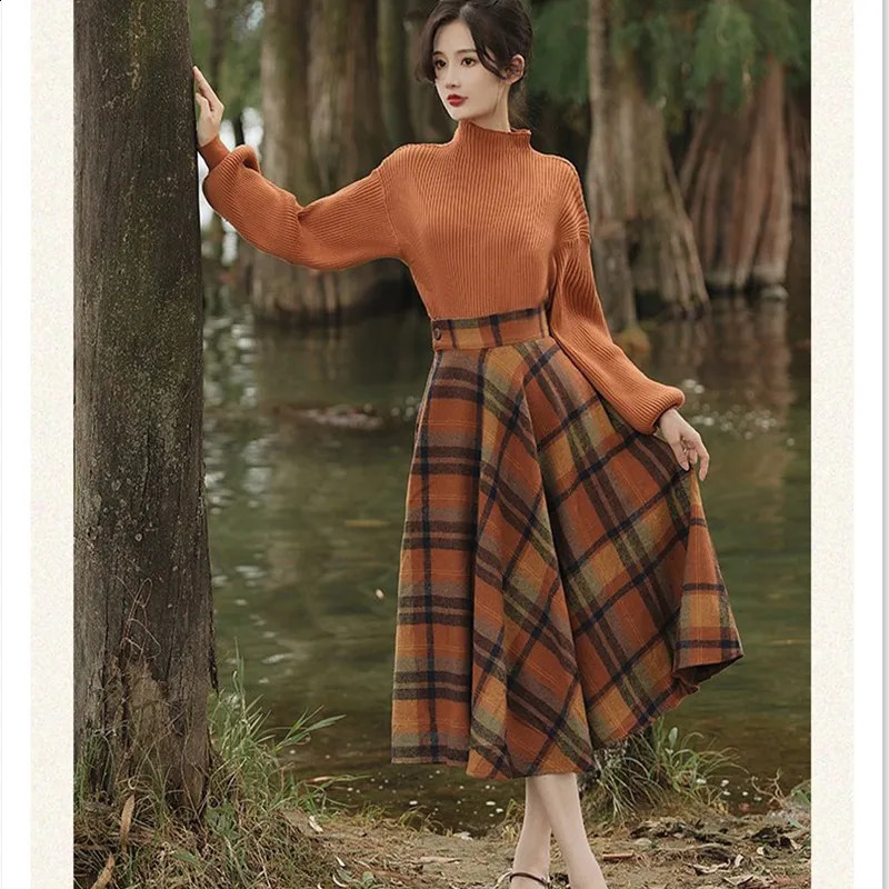 Womens Spring Autumn Vintage Plaid Long Skirts Sweater TwoPiece Set French Lady Graceful Knit Pullover High Waist Skirt Outfit 250122