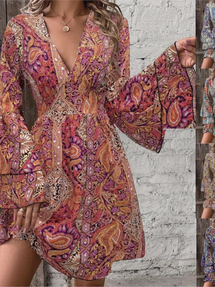 Autumn Winter Fashionable Womens Paisley Printed Sexy V-neck Trumpet Sleeves Casual Loose Dress 250122