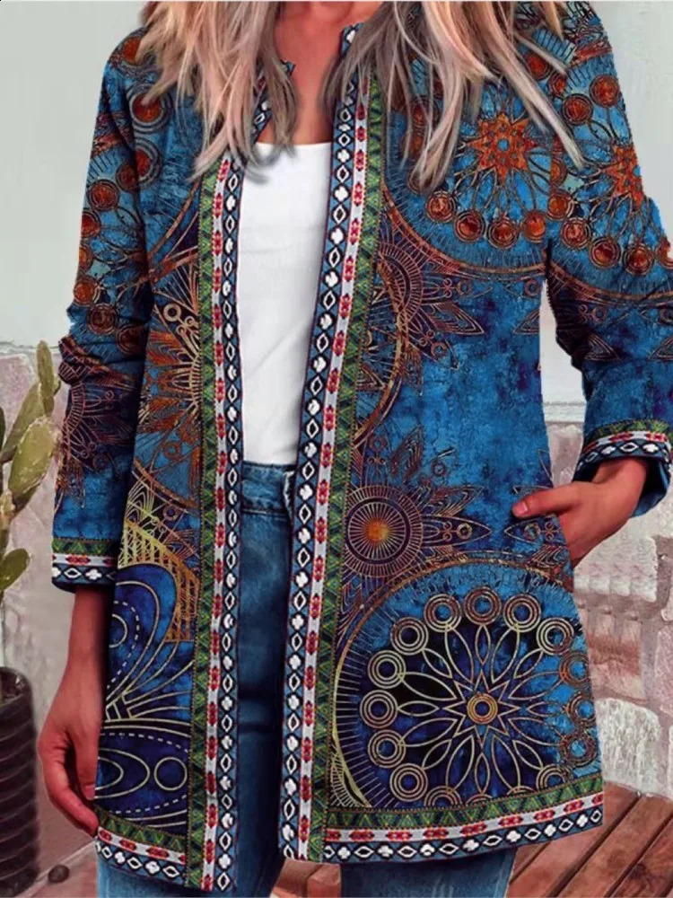 Autumn Winter Fashion Colorful Boho Floral Print Open Front Cardigan Casual Loose Long Sleeve Lightweight Jacket With Pockets 250113