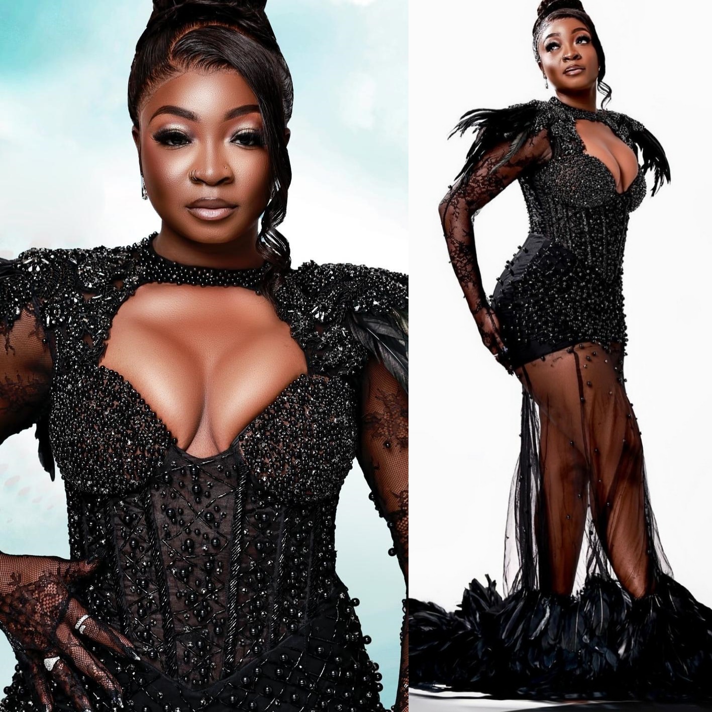 Aso Ebi Black Mermaid Prom Dresses 2025 Feather Pearls See Through Evening Formal Party Second Birthday Engagement Gowns Plus Size Dress For Special O