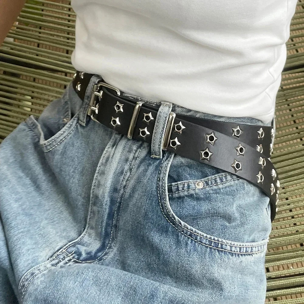 110cm Waist Belt Y2K Punk Rivet Leather Men Star PU Black White Strap Double Row Hollow for Jeans Skirt Decor 250114