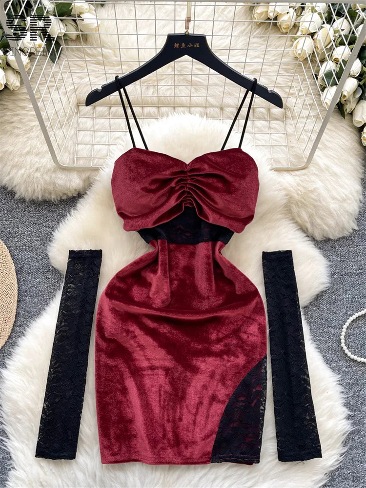 SINGREINY Sexy Lace Splice Velvet Dress Women Oversleeve Slim Chic Strapless Autumn Backless Fashion Senior Party Mini Dresses 250113