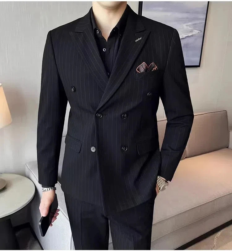 Suit suit mens striped double breasted slim fit jacket stylish business casual youth fashion wedding dress S8025 250122