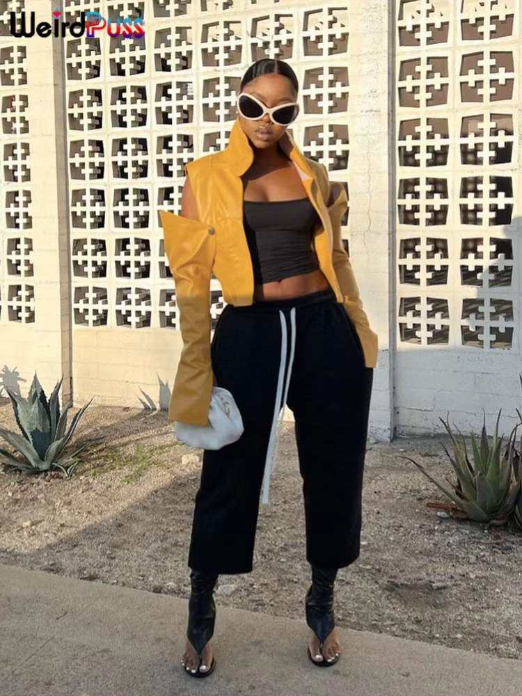 Weird Puss PU Hipster Crop Jacket Women Hollow Long Sleeve Cardigan Autumn Wild Basic Streetwear Patchwork Stripe Y2k Trend Coat