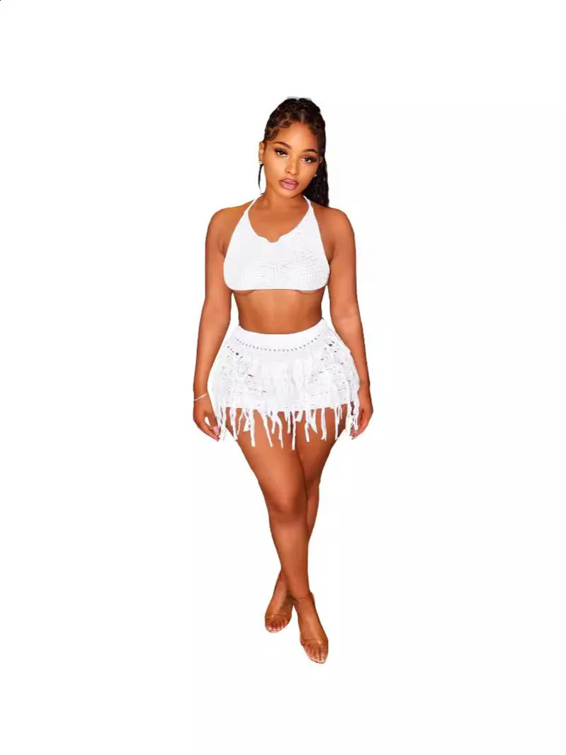 CM. YAYA Beach Holiday Knitted Crochet Tassel Womens Two Piece Set Bra Top and Mini Tight INS Street Dress Set 250110