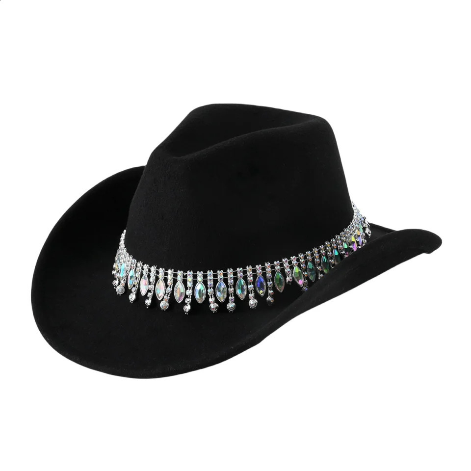1Fashion Rhinestone Tassel colored gemstone necklace western cowboy hat Broad Brim Sun Protection Hat gentleman style jazz 250118