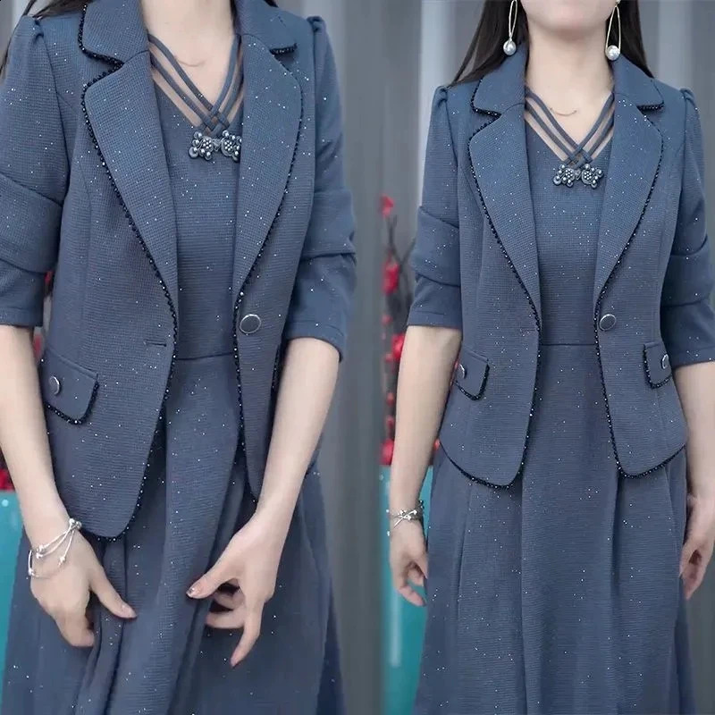 Middle Aged Women Fashion Sets Spring Autumn High End Blazer Jacket Sleeveless Dresses 2 Piece Suit Mothers Dress Outfit 4XL 250122