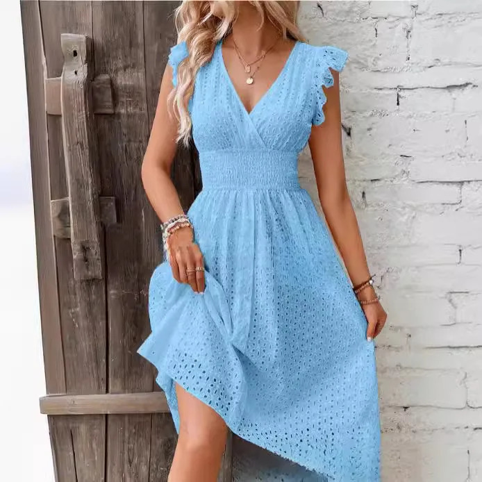Women Summer Midi Dress V Neck Solid Ruffles Sleeveless Eyelet Embroidery Vacation Holiday Elegant Dresses For Women Party Robe 250121