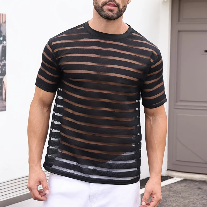 Sexy Striped Hollow Out Mesh T Shirts Mens Fashion Patchwork Short Sleeve Mesh Tops For Men Spring Summer Casual Breathable Tees 250117