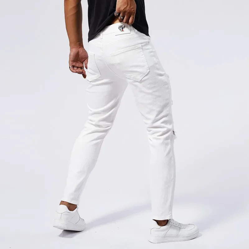 Men White Jeans Ripped Slim Pants 97% Cotton Patchwork Hip Hop Fashion Punk Hole Elasticity Denim Trousers Male Streetwear 250121