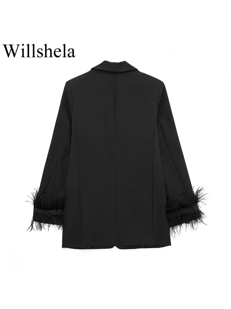 Willshela Women Fashion Satin Black With Feather Blazer Jacket Vintage Notched Neck Single Button Long Sleeves Female Outfits 250122