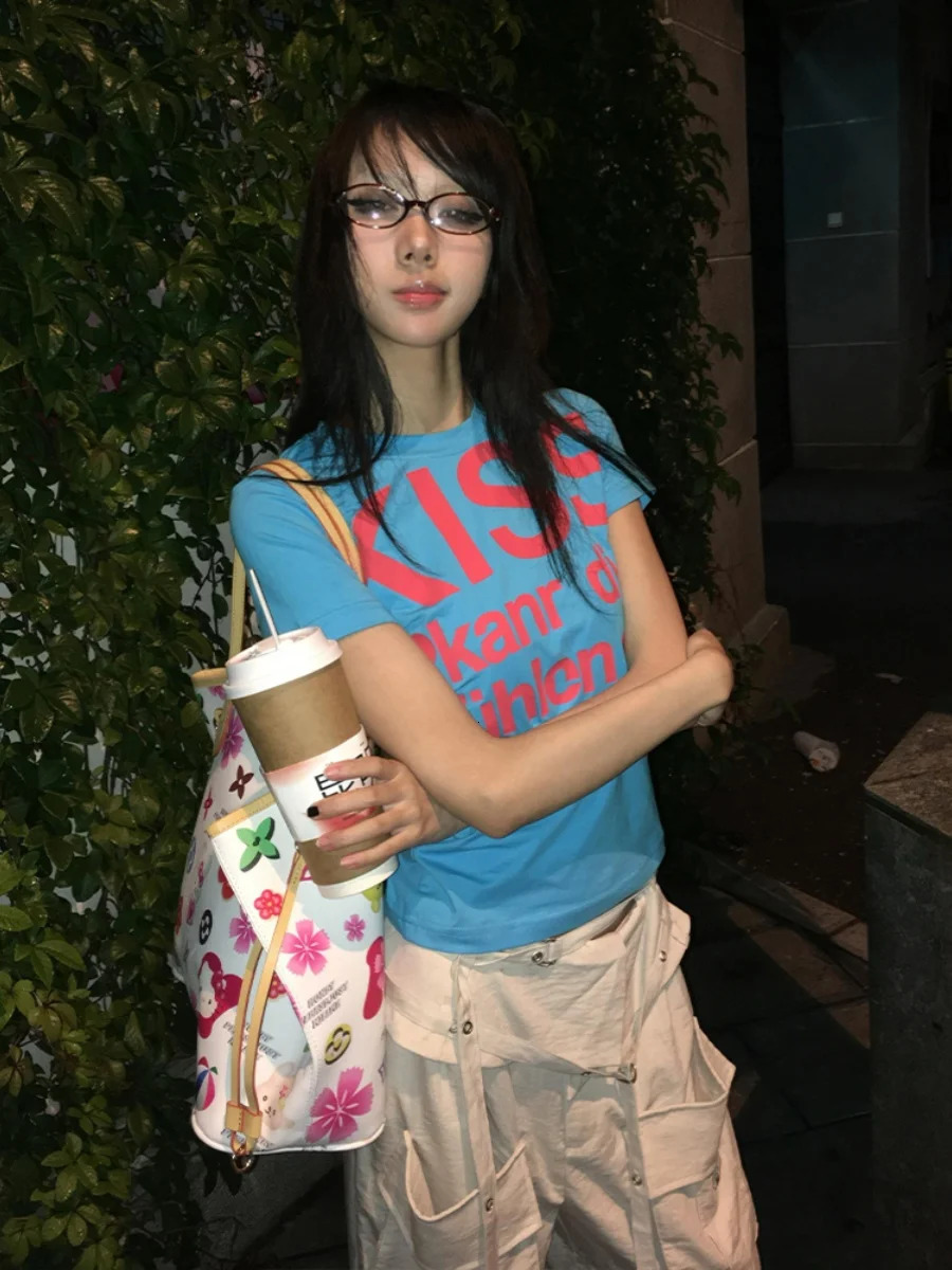 Tonngirls Y2k Print Letter T Shirt Women Skinny Short Sleeve Japanese 2000s Crop Tops Vintage Grunge Tops American Retro Tshirts 250109