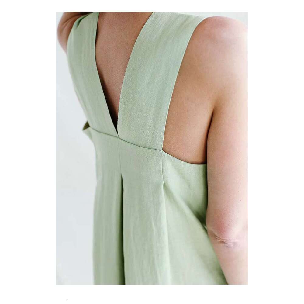 Spring Cotton And En Square Collar Solid Color Straight Style Loose Sleeveless Overall Maxi Dress