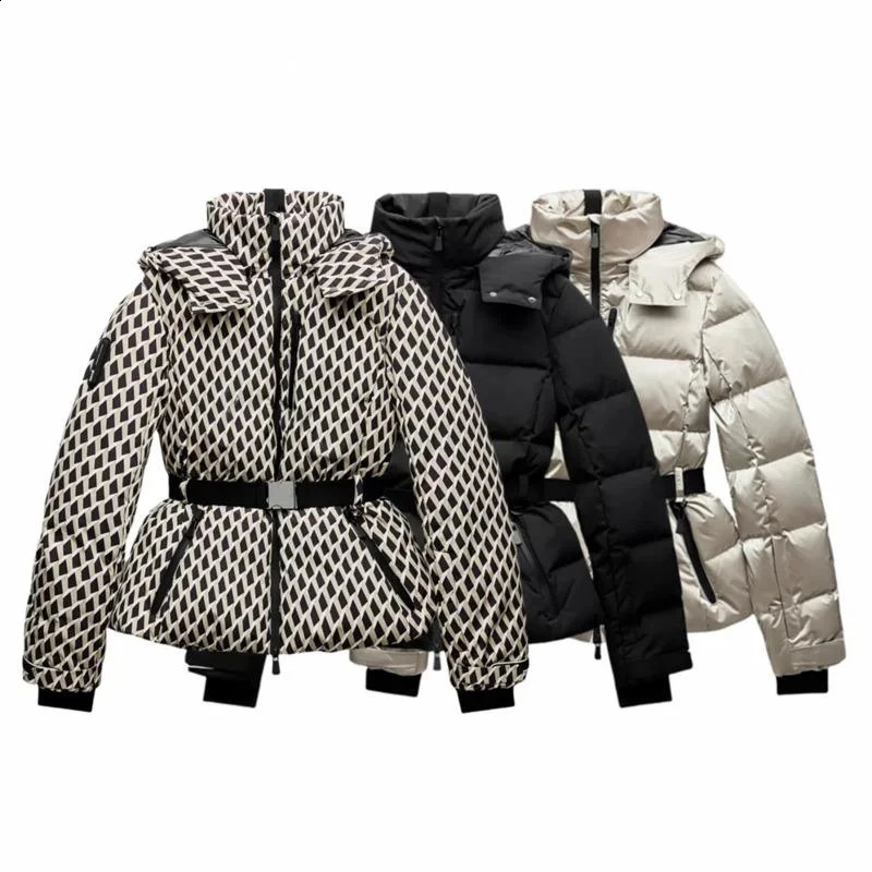 Fashion Waist With Belt Hooded Down Ski Cotton Jacket Women 2025 Stand Up Collar Zipper Commuting Short Warm Windproof 250115