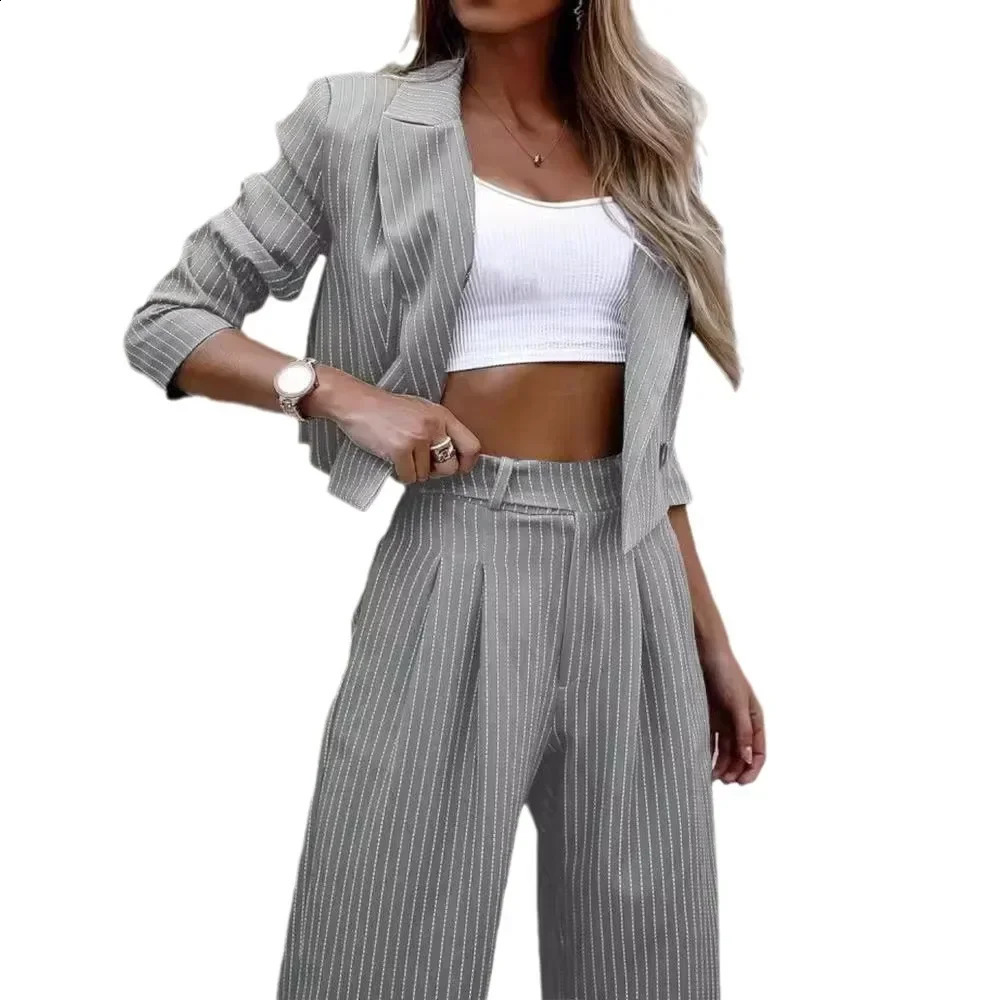 2024 Europe and America Foreign Trade Temperament Casual Striped Short Style Collar Suit Straight Leg Pants Set for Woman 250114Z