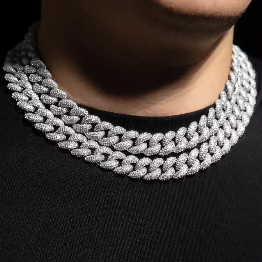 2025 High Quality Iced Out Bling 15mm Width Round Full Paved Cuban Link Chain Bracelet Necklace Hip Hop Men Jewelry 250115