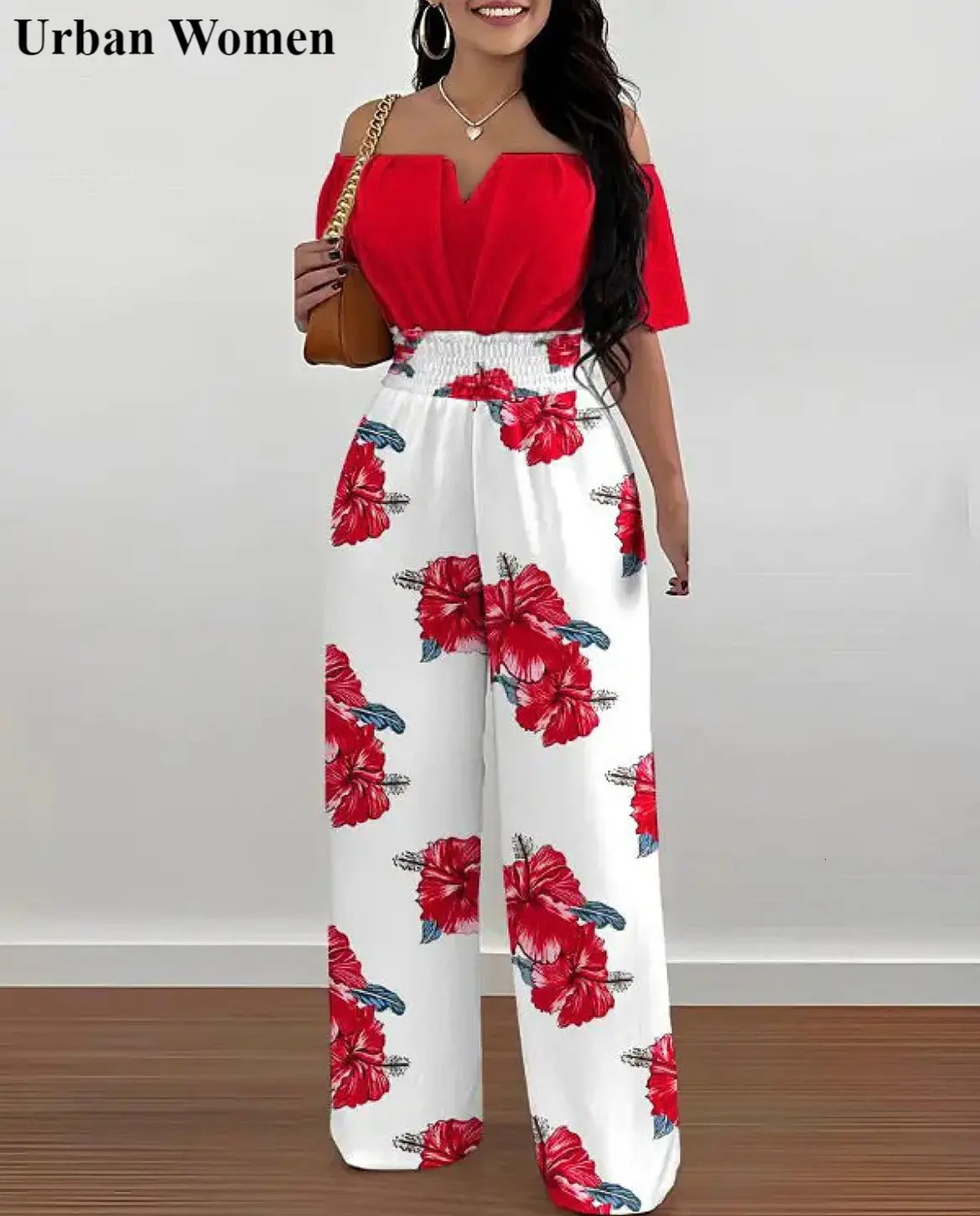Summer Fashion Printed Wide Leg Jumpsuit Women Sexy Slash Neck Off-shoulder High Waist Jumpsuit Womem 250109