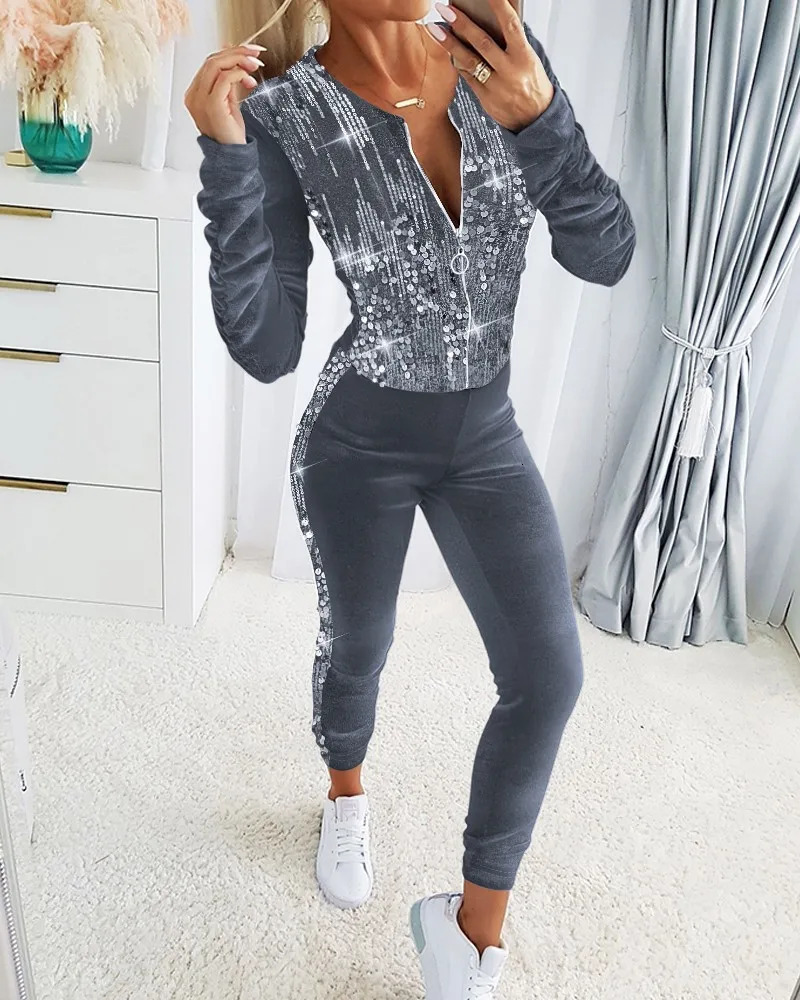 Autumn Velvet Sets for Women 2 Pieces Suits Female Clothing Casual Contrast Sequin Zipper Coat Pants Set Tracksuits 250113
