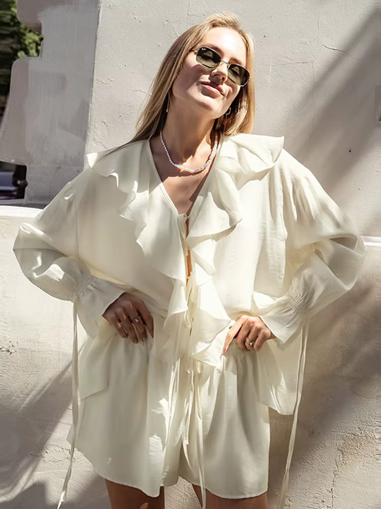 Casual Ruffles Shorts Suits Women Loose See Through V Neck Hollow Out Female 2025 Spring Fashion New Lace Up Sets Lady