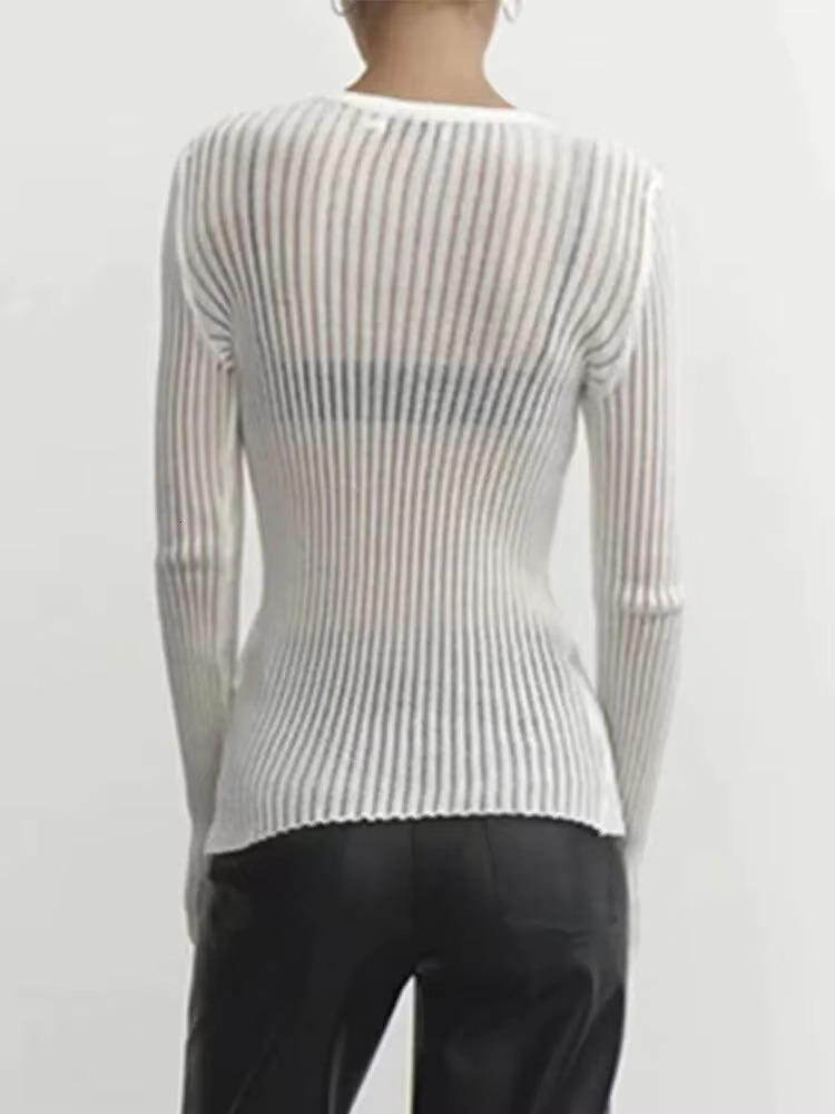 Solid Long Sleeve Round Neck Rib Knitted Cut Sweater