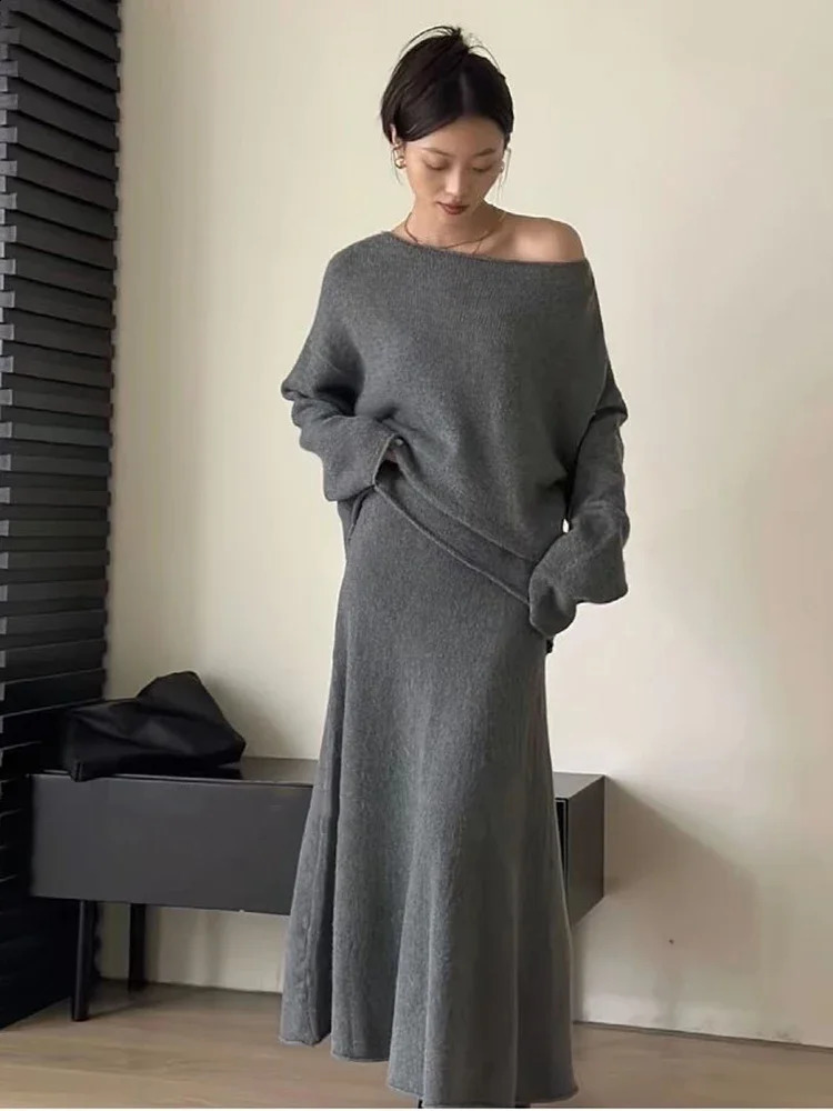 Two Piece Sets Womens Outifits Autumn Solid Knitted Sweater A-Line Elastic Skirt Sets Matching Korean Fashion Womens Clothing 250121