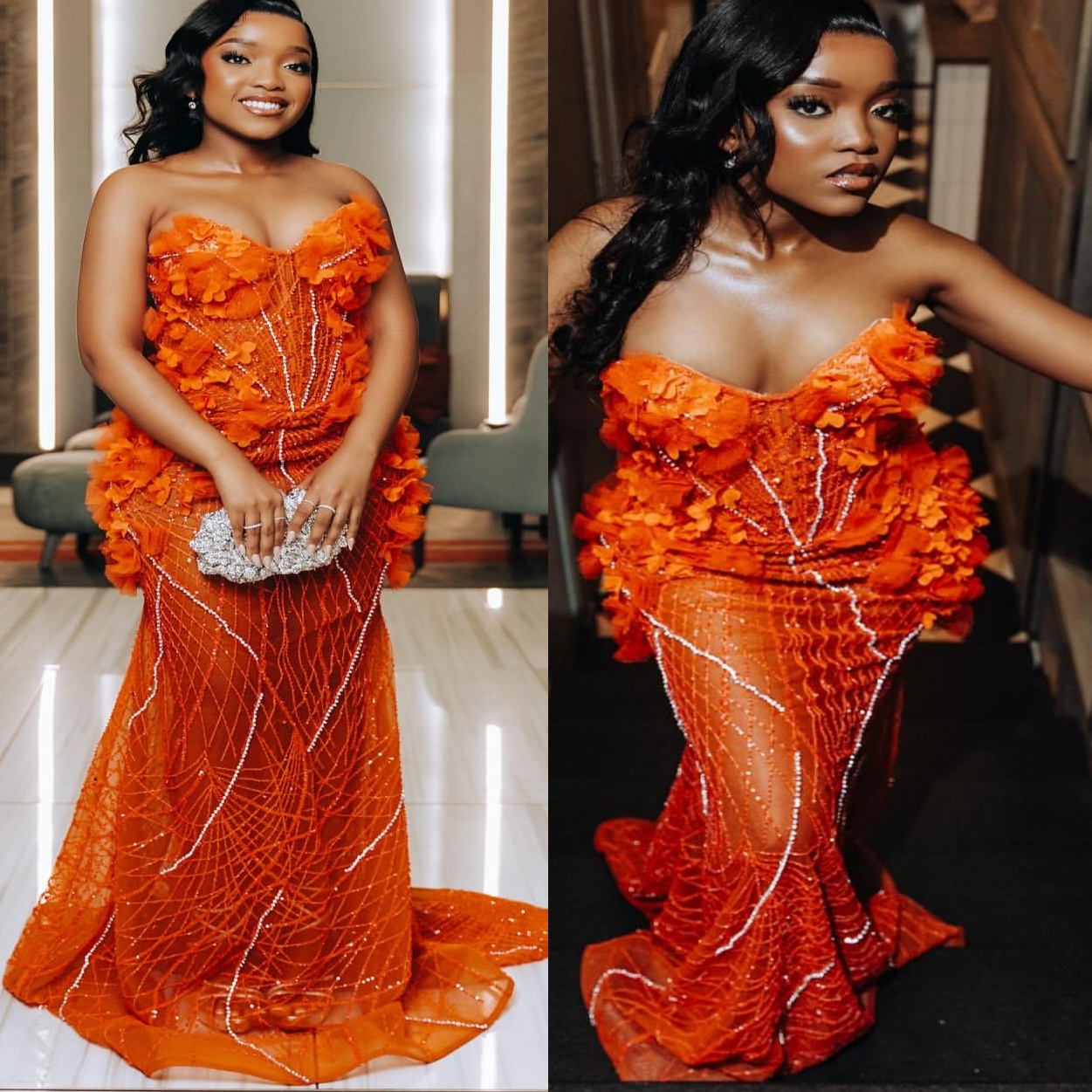 Aso Ebi Orange Mermaid Prom Dresses 2025 wers Sequined Lace Crystals Evening Formal Party Second Birthday Engagement Gowns Plus Size Dress For Special