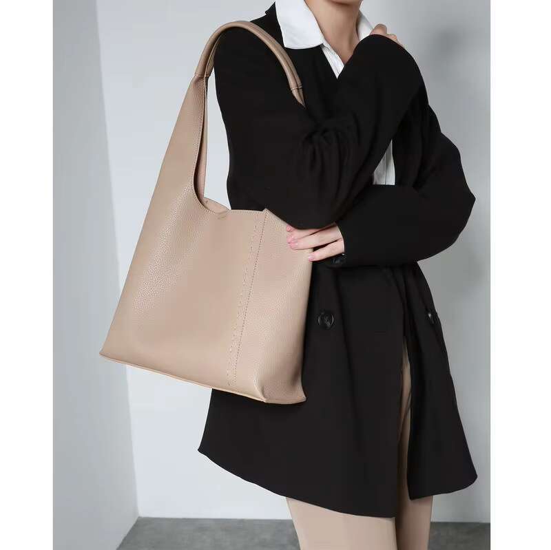 French Simple Cowhide Tote Large-Capacity Women Commuter Office Ladies One-Shoulder Armpit Bag Casual Big