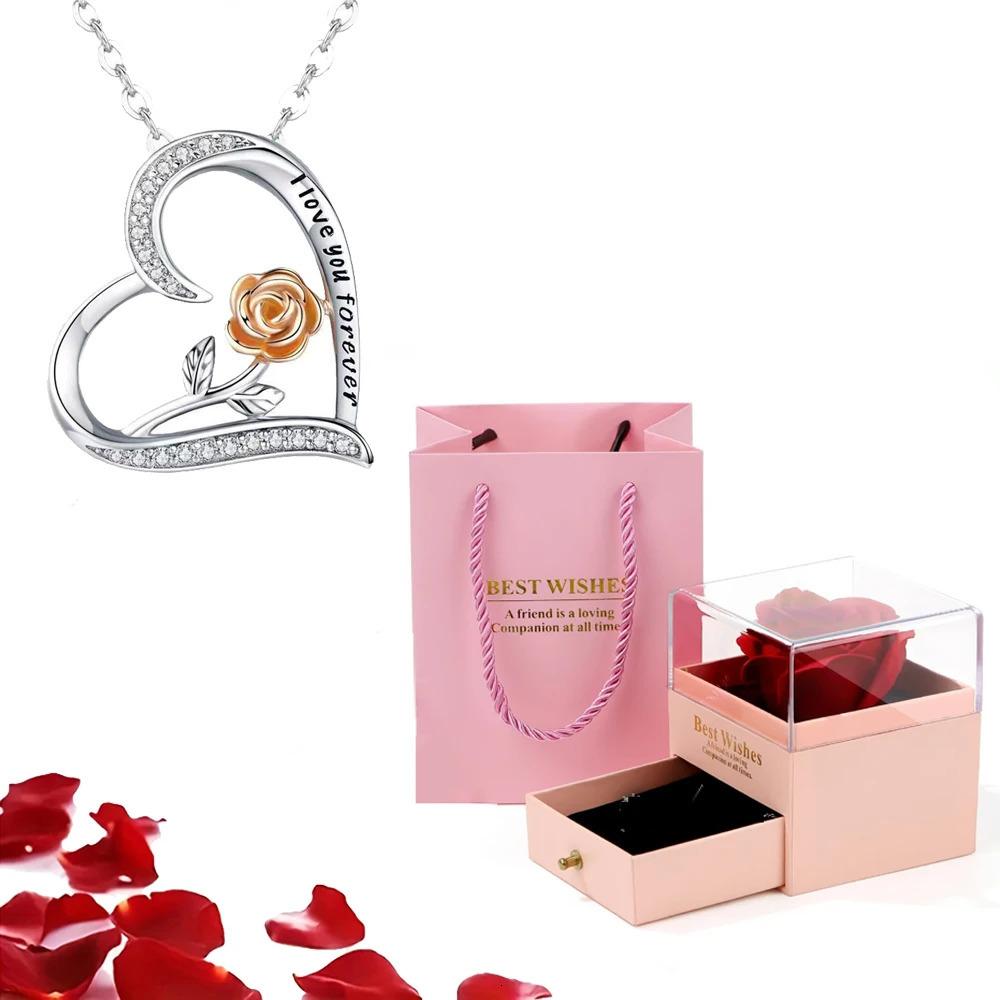Heart Pendant Necklaces For Women With Rose Flower Box Christmas Wedding Party Gift Romantic Fashion Jewelry 250117