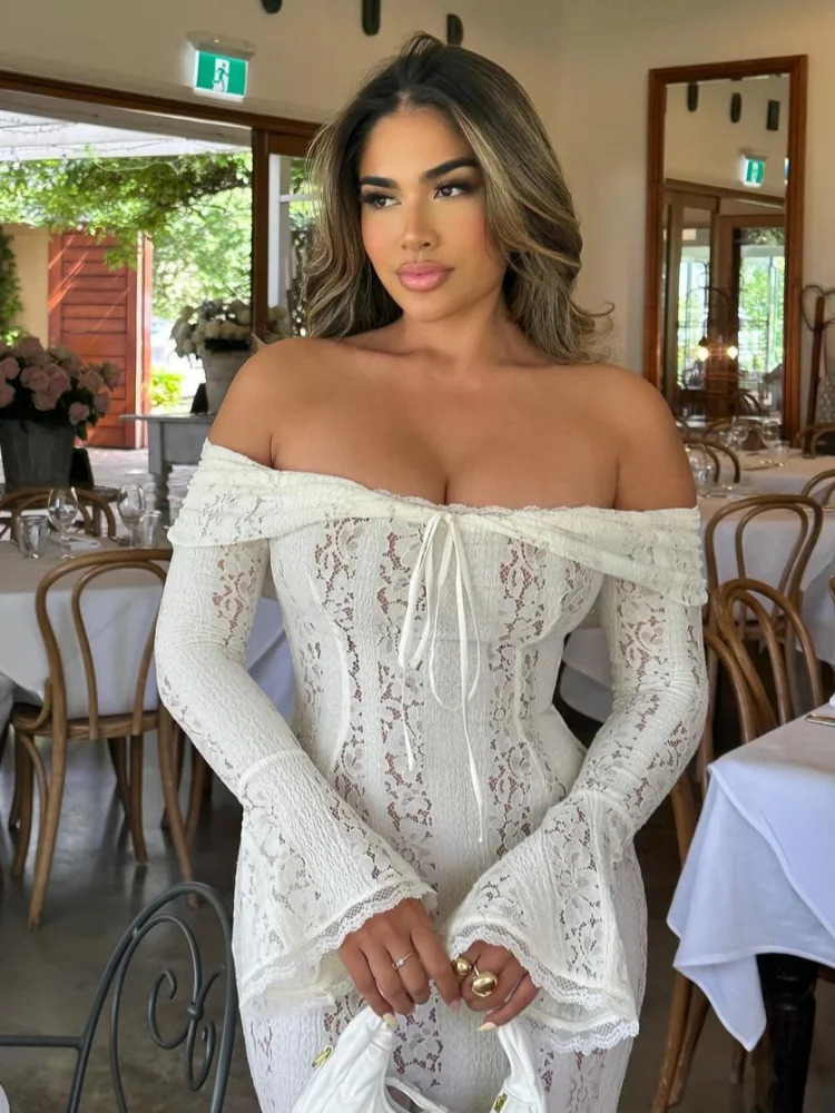 Elegant Women White Lace Hollow Out Printed Flower Long Dress Fashion Long Sleeve Slim Midi Robe 2025 Chic Lady Party Club Gown 250121