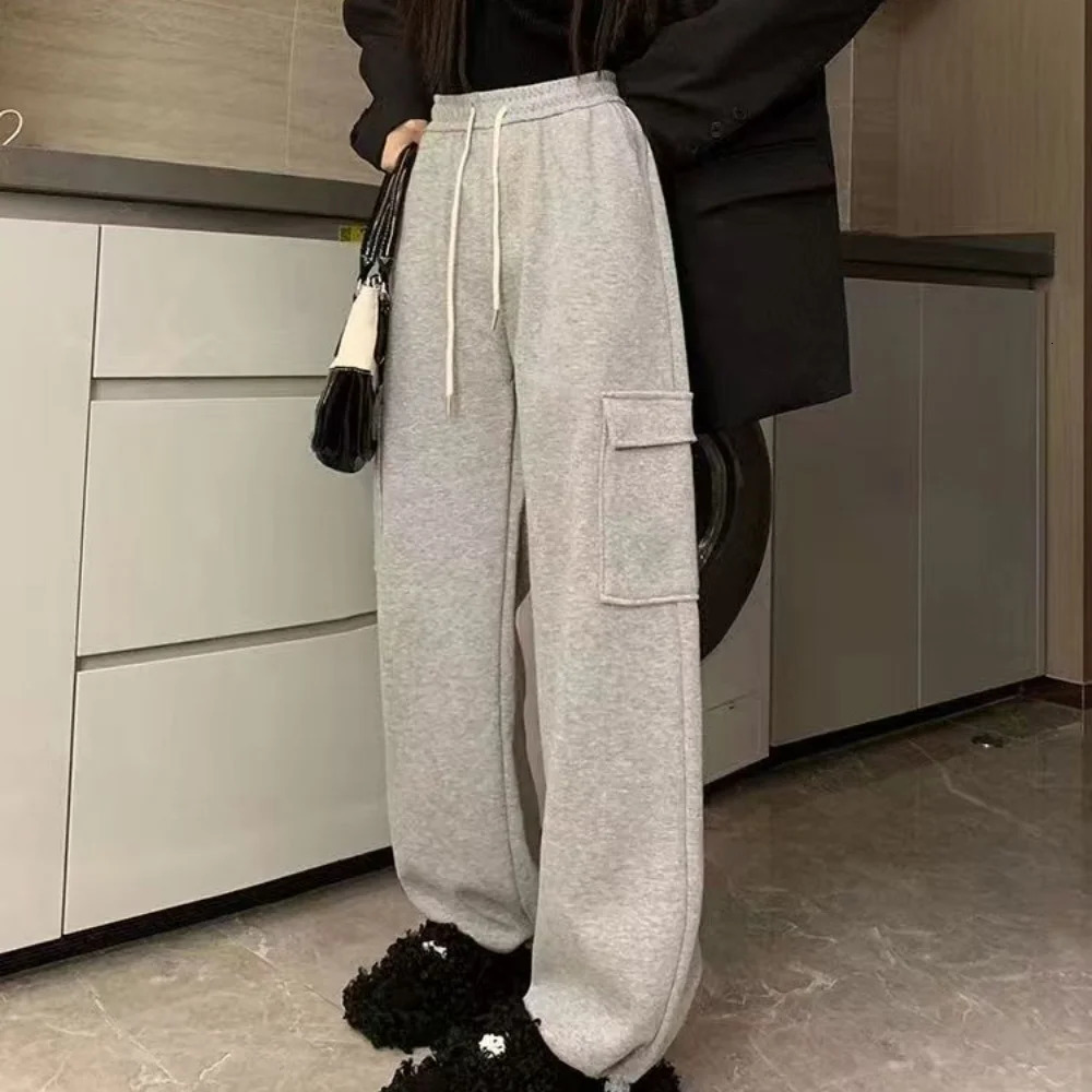 Autumn Winter Women Pants Elastic Waist Drawstring Large Pocket Trousers Youthful Loose Casual Sports Solid Straight Cargo Pant 250117