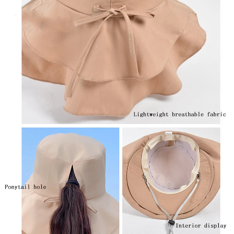 Women Wide Large Brim Sun Hat Bucket Summer Outdoor Fishing Hiking UV Anti Neck Protection Shawl Visor Cap Ladies Bonnet 250118