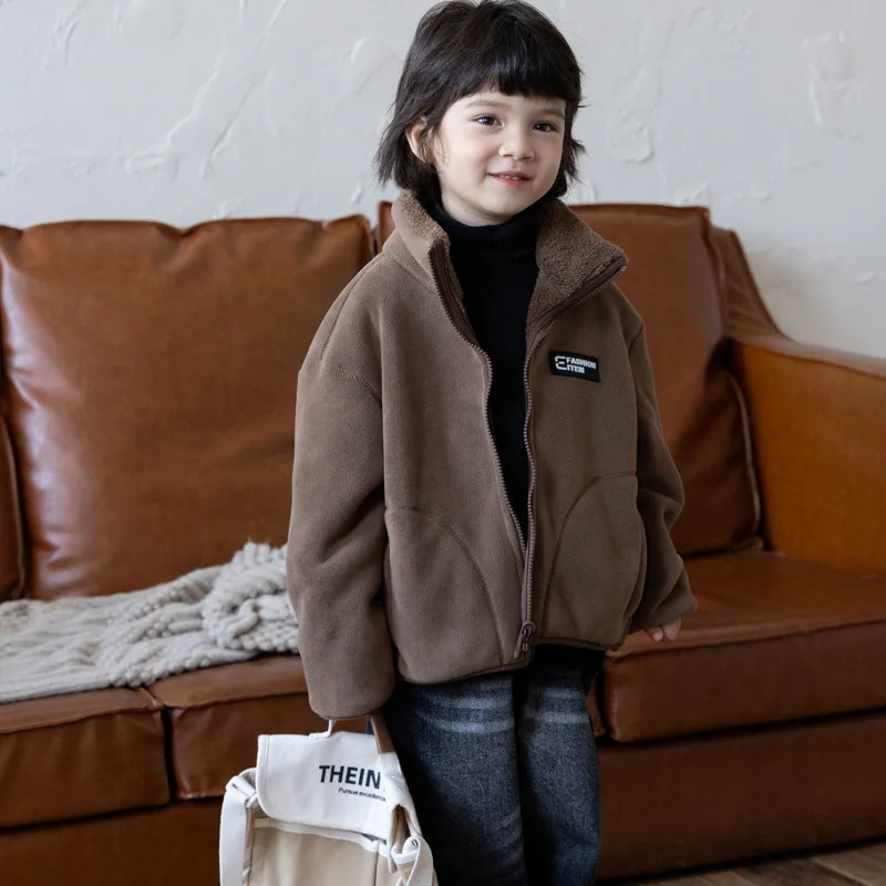 Autumn Winter Korean Baby Boy Coat Solid Color Double-sided Casual Fleece Toddler Boys Jacket Stand Collar Warm Kid Boy Top 250113