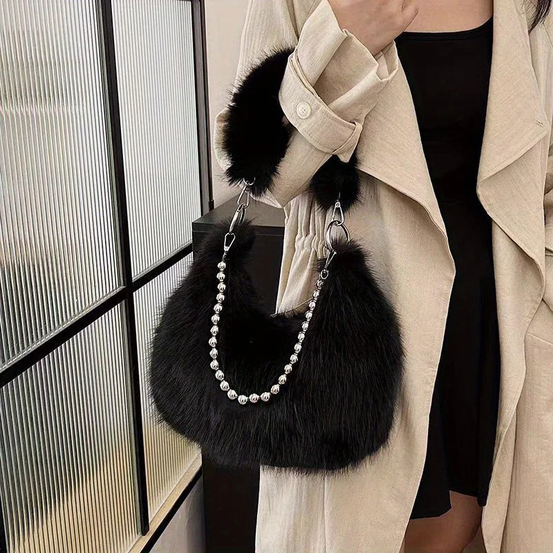 Luxurious Faux Fur Shoulder Bag - Chic Trendy Underarm Purse with Pearl Chain Strap Polyester Lined Interior 250122