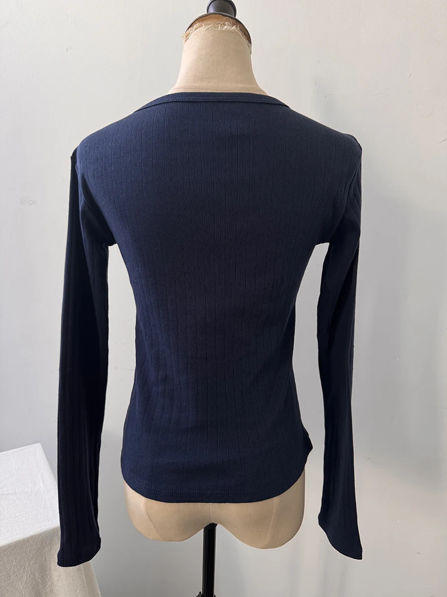 Navy Eyelet Long Sleeve T-Shirt Autumn Three Buttons O-Neck Cotton Slim Tee Top for Woman Sweet Cute Basic Tshirt Y2k Tops 250120