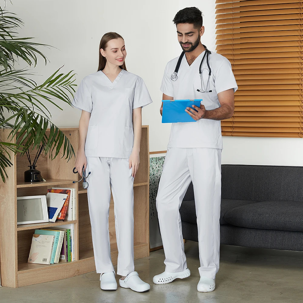 Hospital Scrubs Set Men Short Sleeve Classic V-neck Top and Pants Nursing Uniform Doctor Clothing Surgery Workwear Pet Doctor 250122