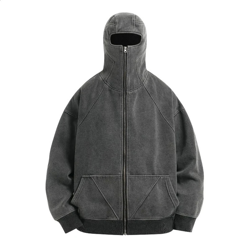 Y2K couple style spliced zip up hoodie fashionable classic Balaclava washed cotton grey ninja retro men hiphop streetwear 250109Z